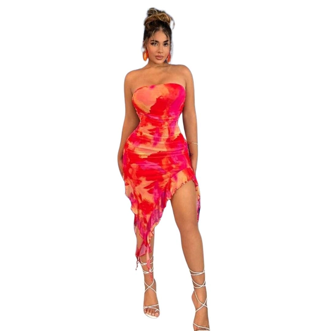 Tie Dye Print Strapless Dress with Ruffle