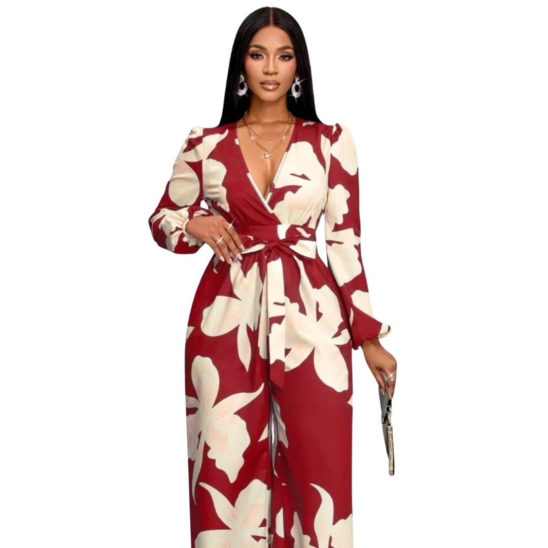 Floral Print Lantern Sleeve Elegant Wide Leg Romper