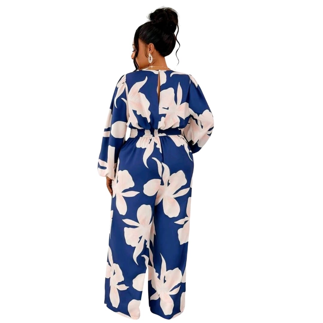 Floral Print Lantern Sleeve Wide Leg Romper