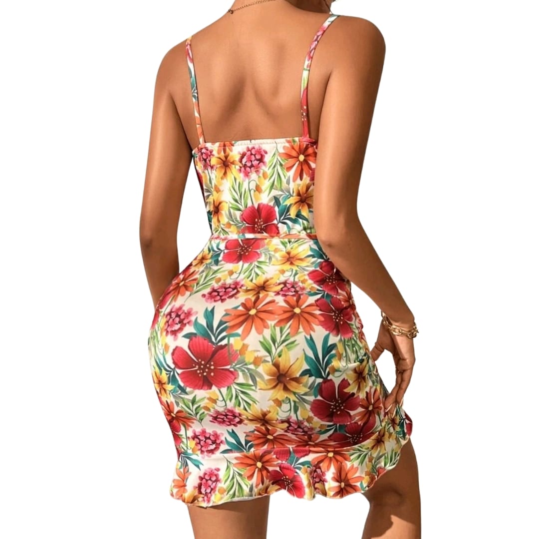 Floral Print Ruffle Hem Belted Cami Bodycon Dress