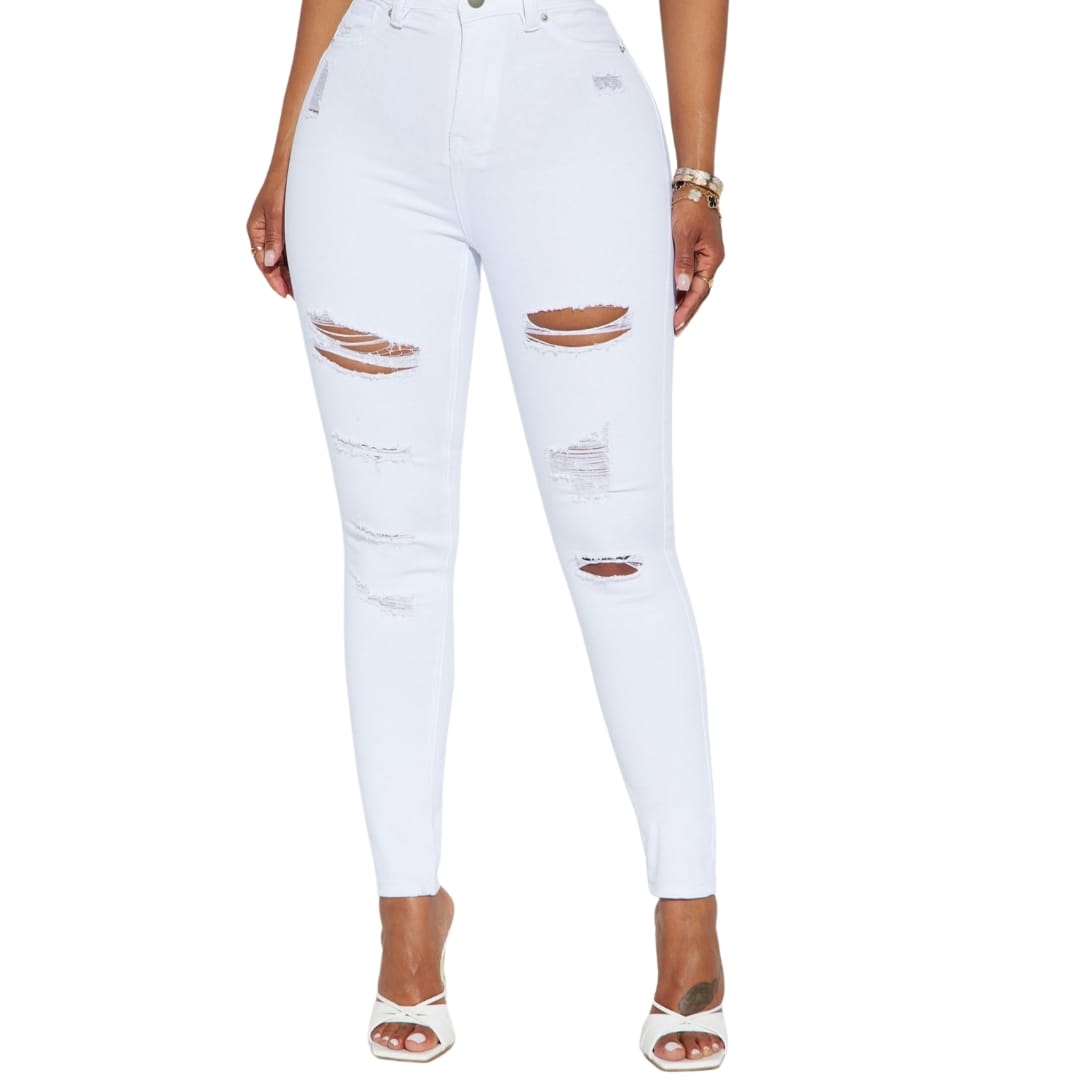 Ripped Stretch Skinny Jeans - White