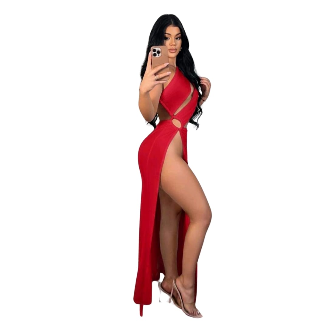 One Shoulder Cut Out Split Thigh Dress