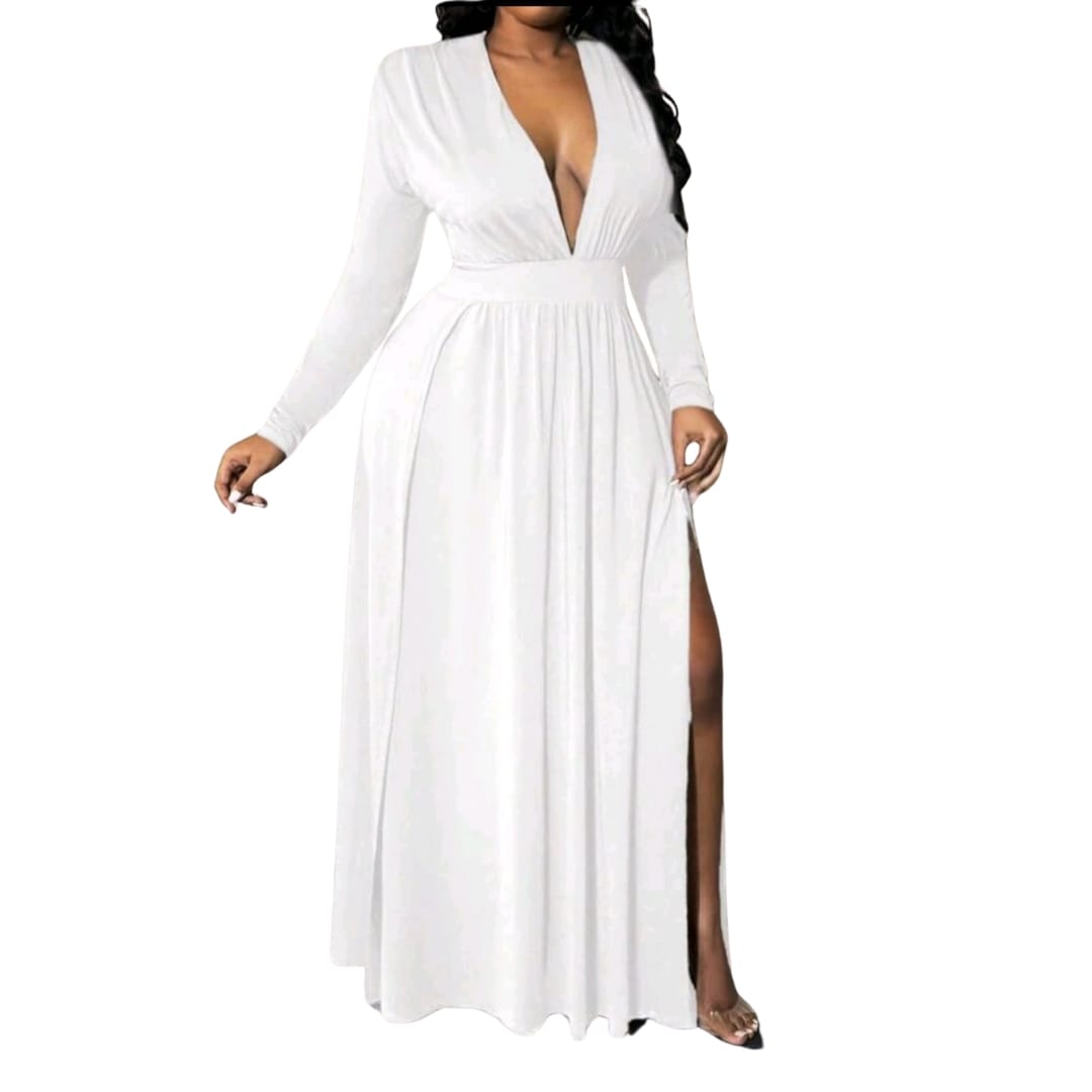 Plus Size Women's Deep V Neck High Slit Shoulder Pad Swing Dress