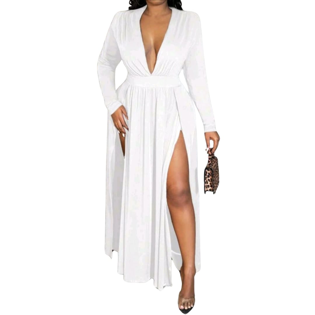 Plus Size Women's Deep V Neck High Slit Shoulder Pad Swing Dress