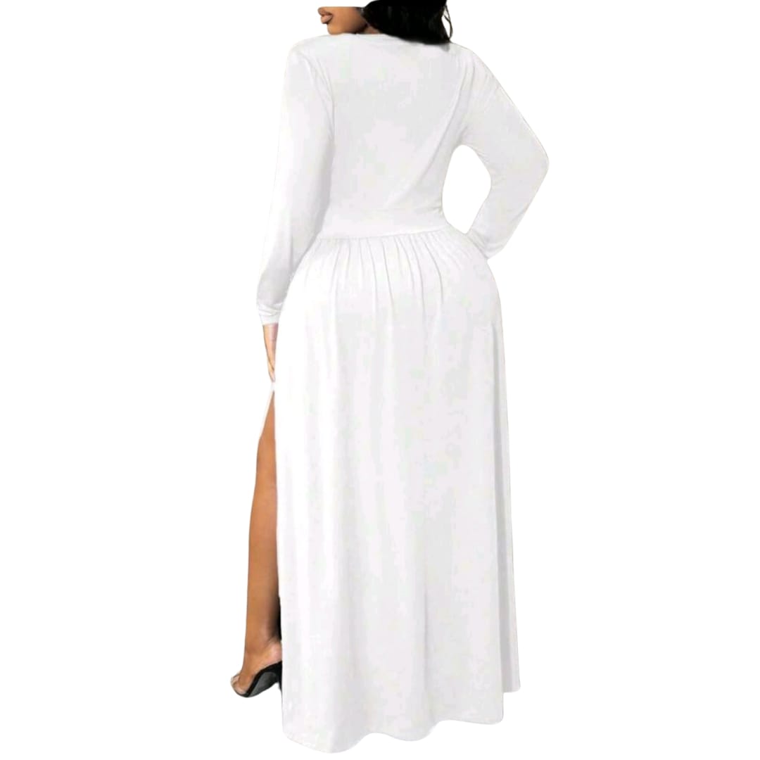 Plus Size Women's Deep V Neck High Slit Shoulder Pad Swing Dress