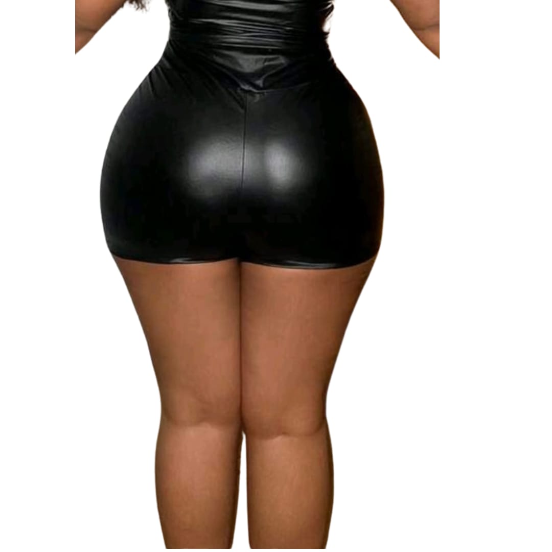 High Waist Faux Leather Pleated Slim Shorts