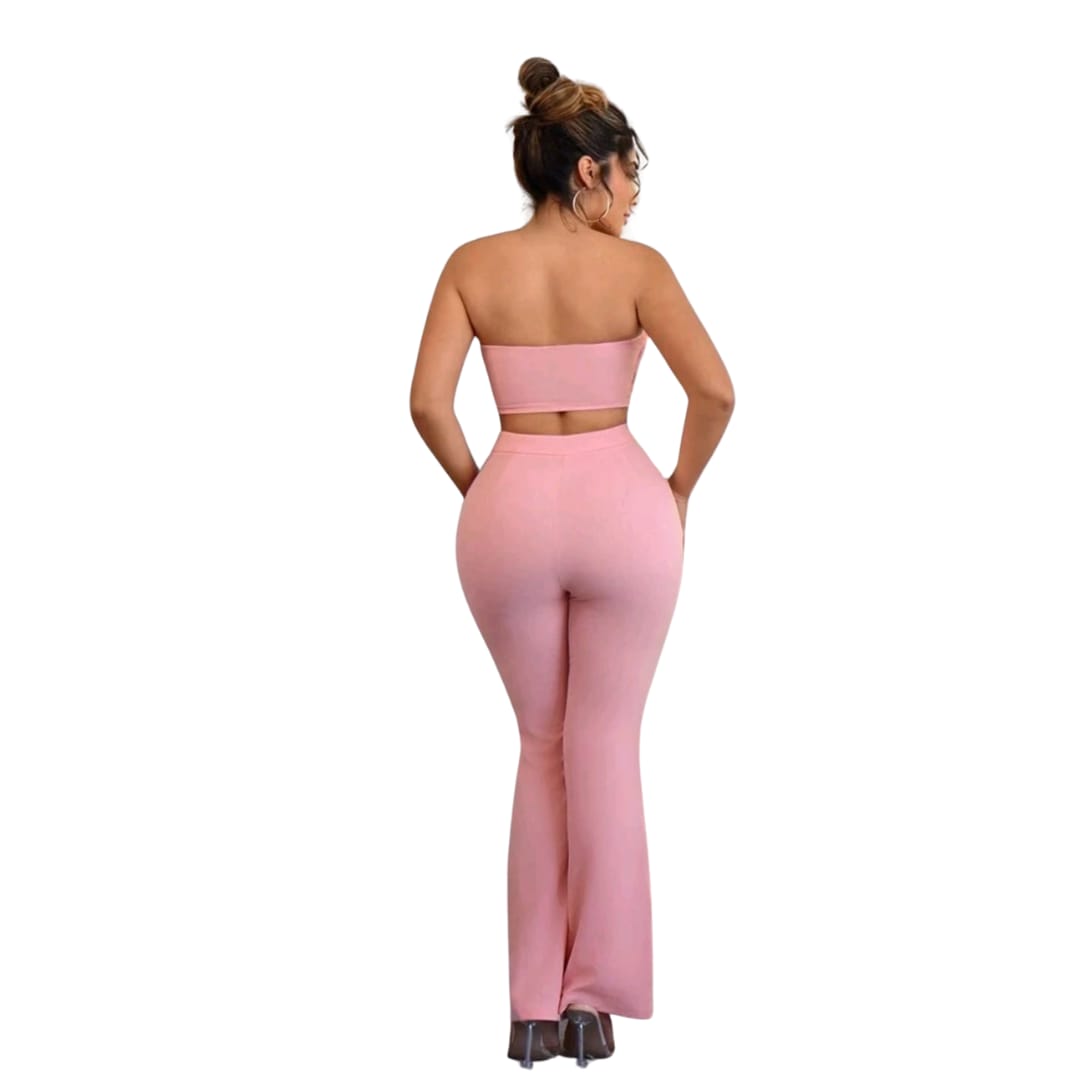 2pcs Soft Floral Ruffled Mesh Tube Top And Flared Pants Set