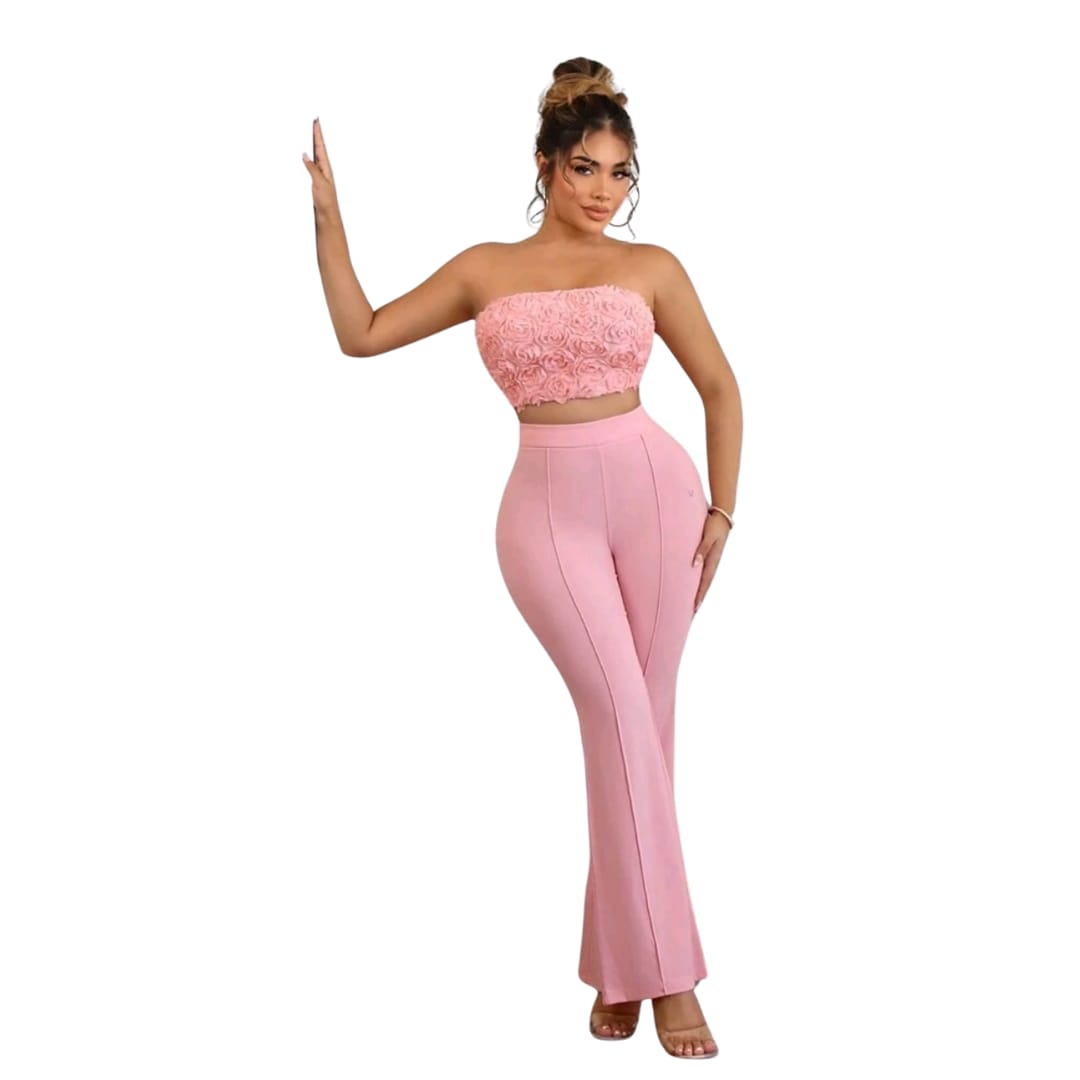 2pcs Soft Floral Ruffled Mesh Tube Top And Flared Pants Set