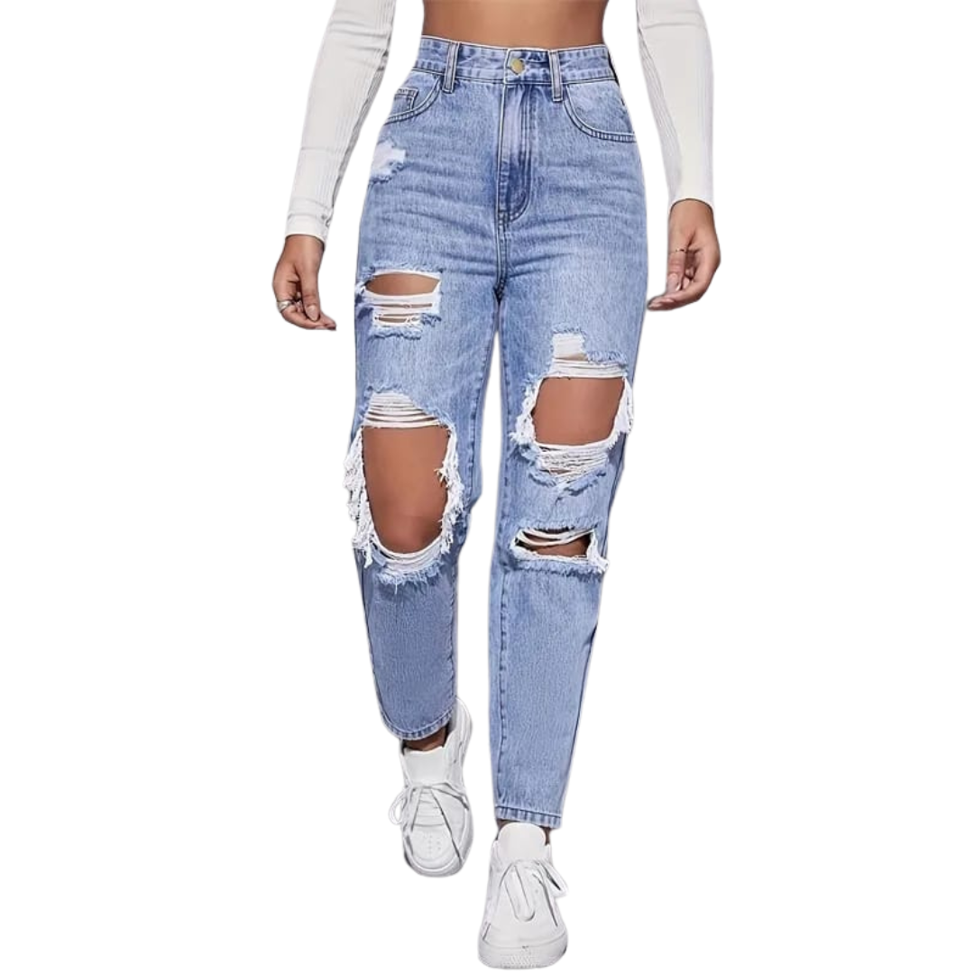 Ripped High Waist Straight Jeans