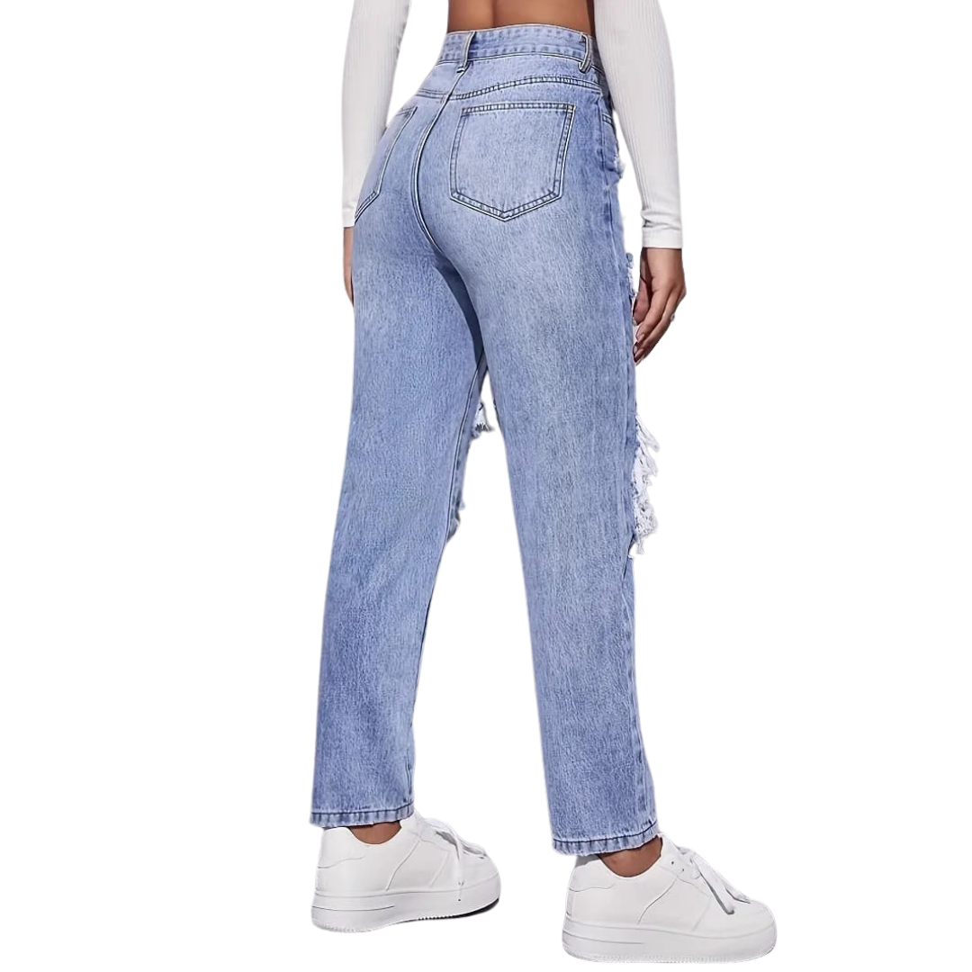 Ripped High Waist Straight Jeans