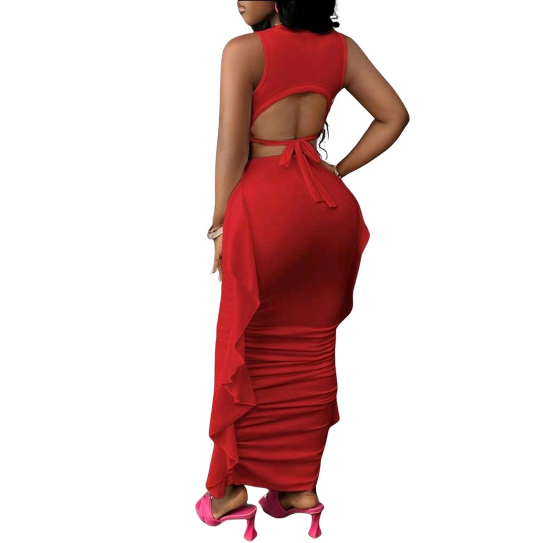 Self-Tie Waist Cropped Top with Ruffle Hem Long Skirt (2 Pieces Set)