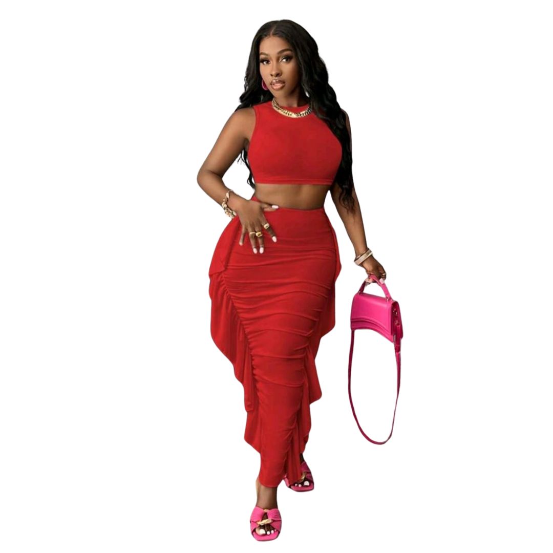Self-Tie Waist Cropped Top with Ruffle Hem Long Skirt (2 Pieces Set)