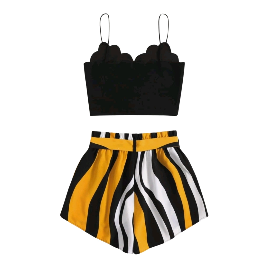 Scallop Trim Cami Top & Paperbag Waist Striped Shorts Set