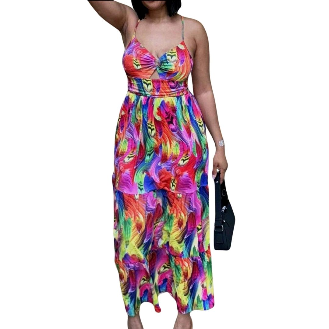 Spaghetti Strap All Over Print Hollow Out Casual Dress
