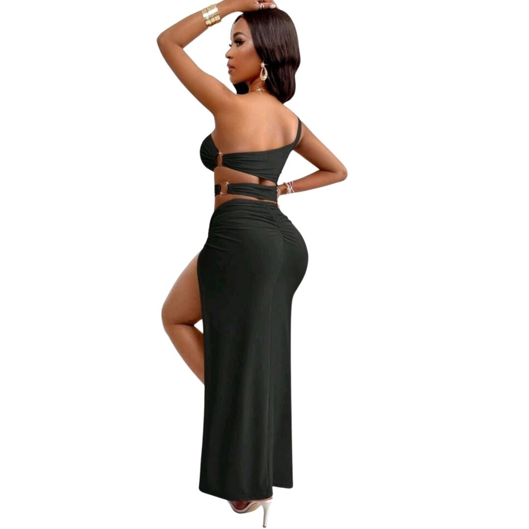 One Shoulder Cut Out Waist with Front Slit Bodycon Dress