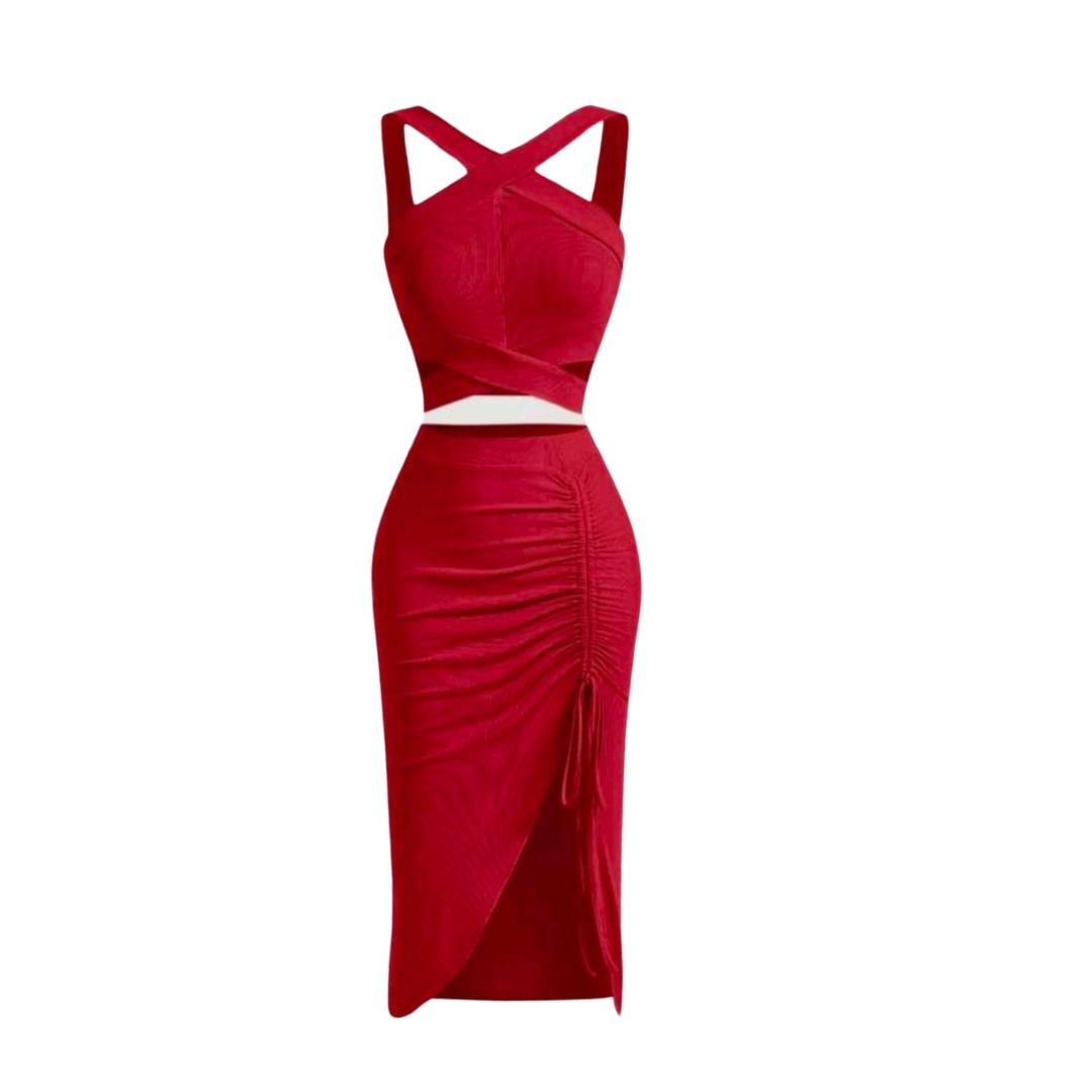 Crisscross Halter Top and Drawstring Split Skirt