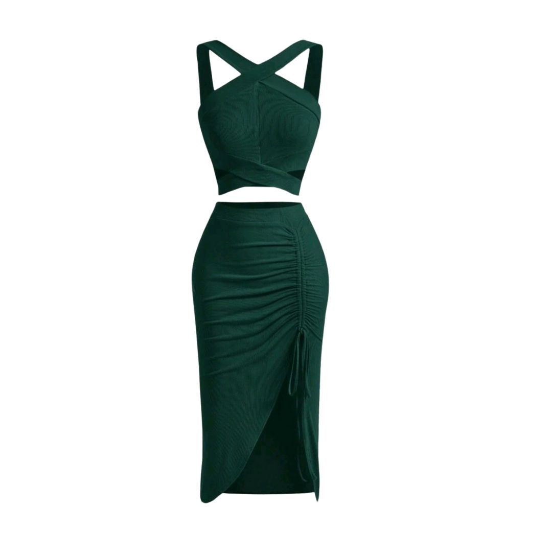 Crisscross Halter Top and Drawstring Split Skirt