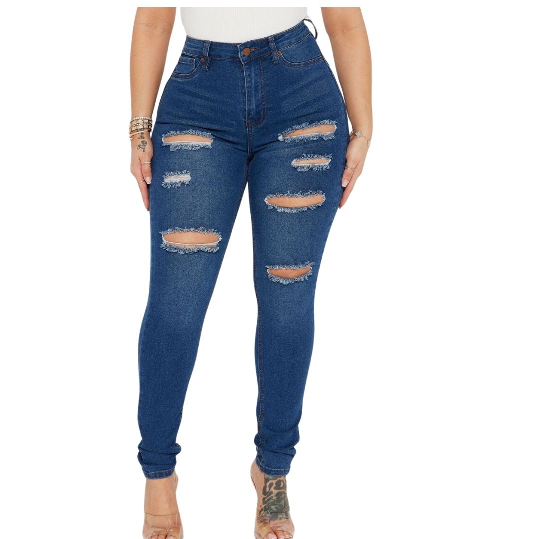 Plus Size Ripped Style Jeans- Dark Wash Blue