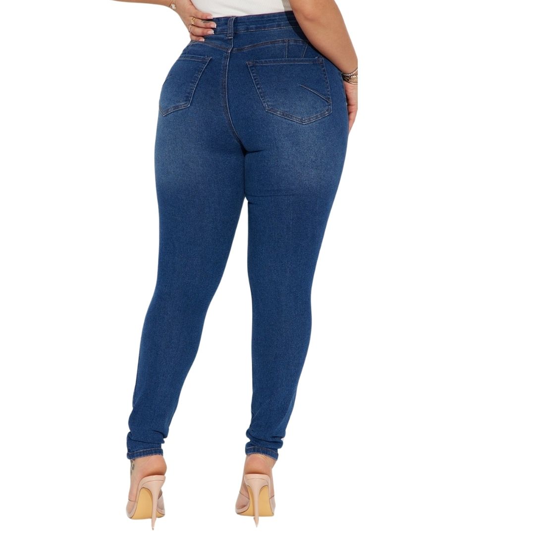 Plus Size Ripped Style Jeans- Dark Wash Blue