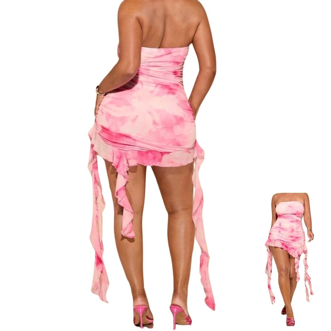 Strapless Floral Print Ruffle Hem Dress