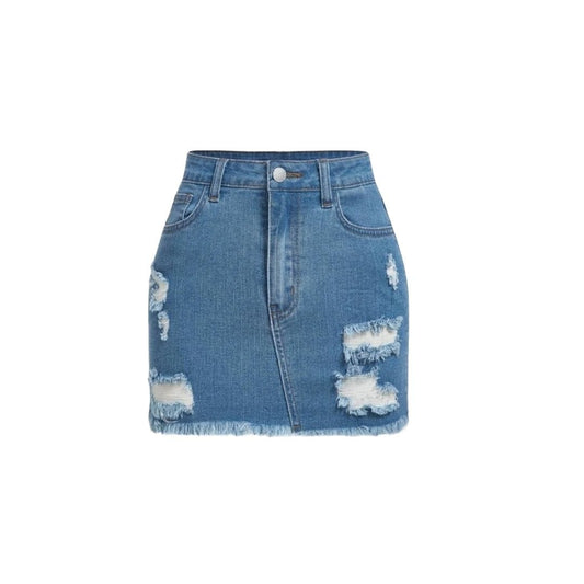 Distressed Denim Skirt- Medium Wash Blue