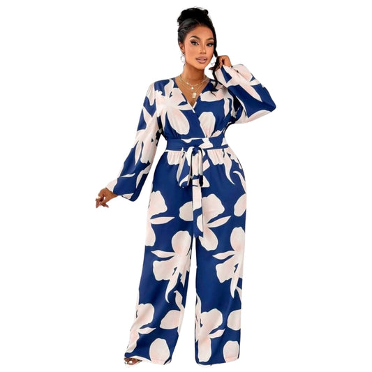 Floral Print Lantern Sleeve Wide Leg Romper