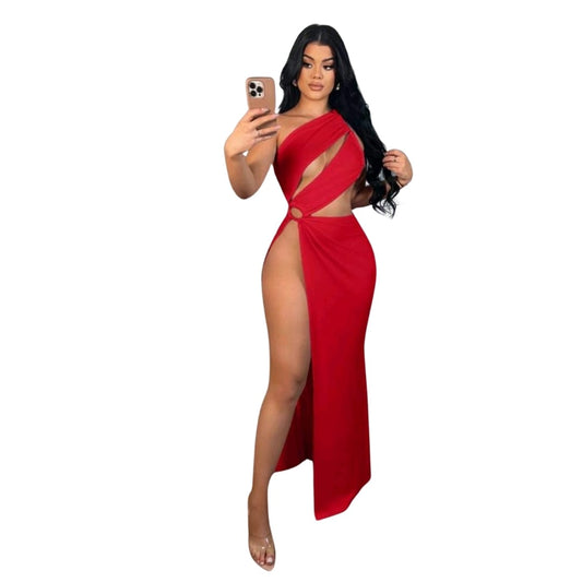 One Shoulder Cut Out Split Thigh Dress