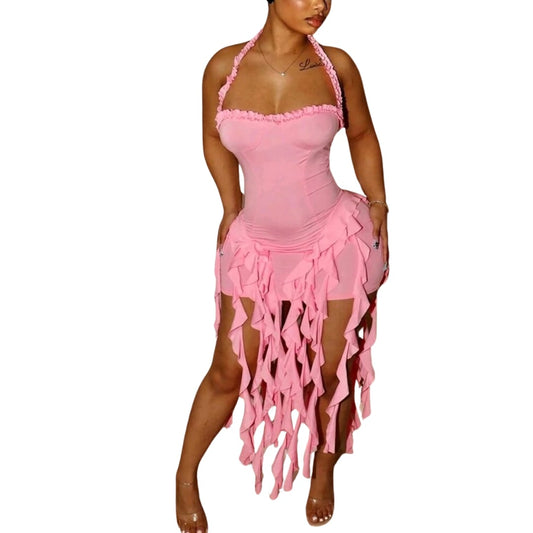 Ruffle Patchwork Halter Mini Dress Bodycon Sexy Party Dress