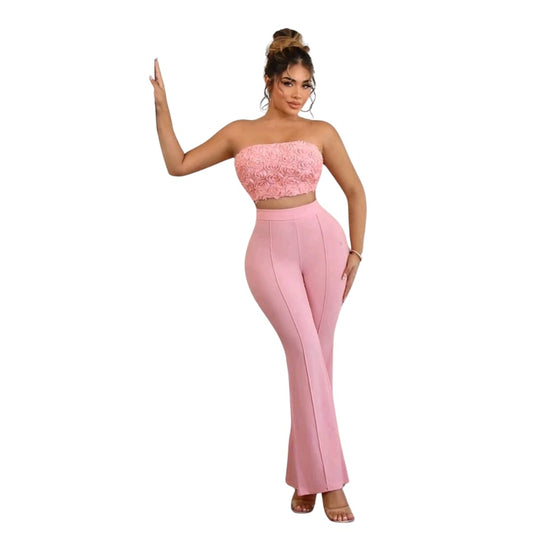 2pcs Soft Floral Ruffled Mesh Tube Top And Flared Pants Set