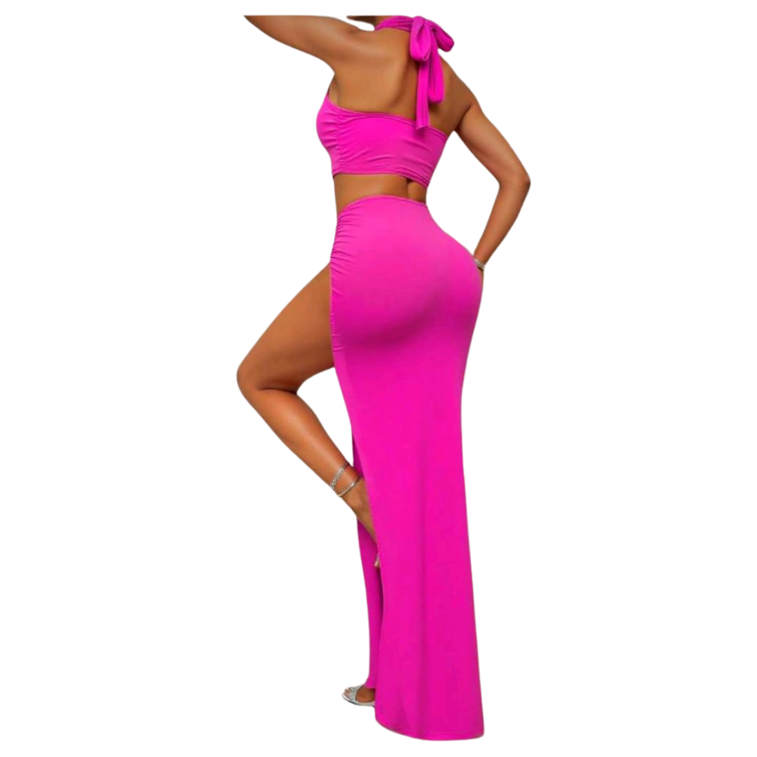 Neck Tie Solid Color Metal Decor Top And Skirt Set