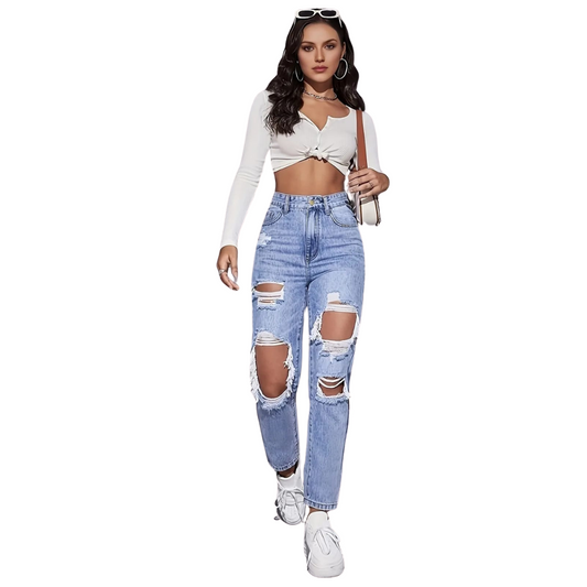 Ripped High Waist Straight Jeans