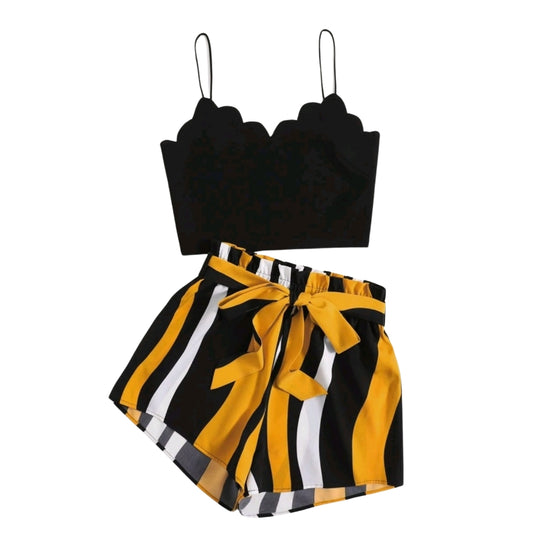 Scallop Trim Cami Top & Paperbag Waist Striped Shorts Set