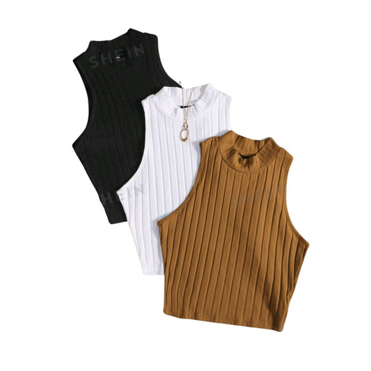 Mock Neck Crop Tops with Deep Rib Knit
