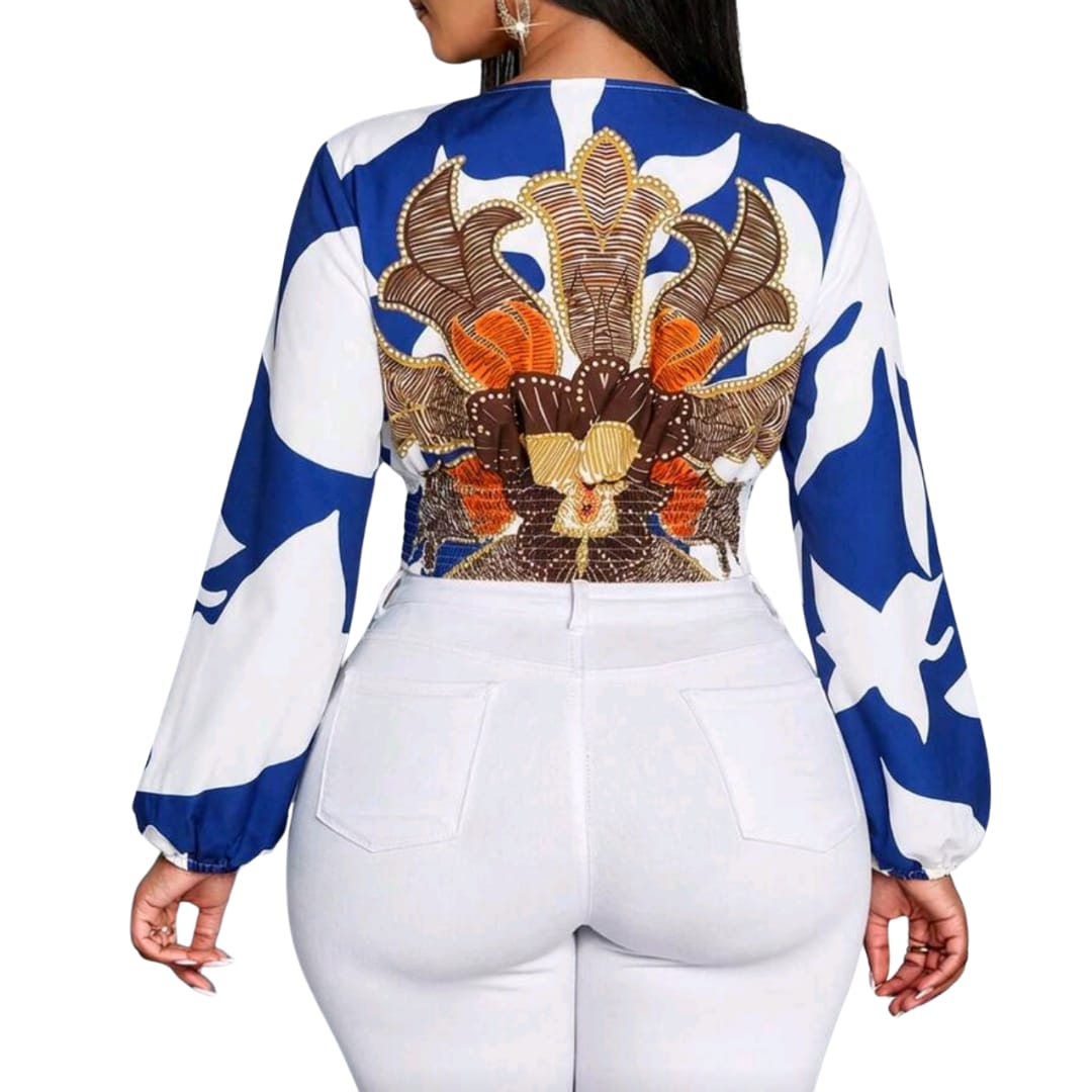 Woven Fabric. Deep V-Neck, Pleated Waist Blouse