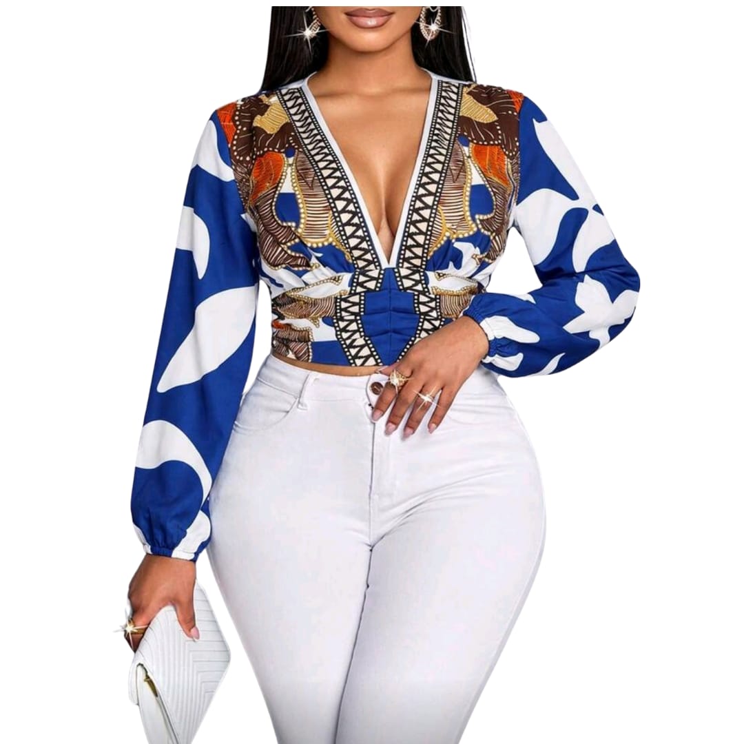 Woven Fabric. Deep V-Neck, Pleated Waist Blouse