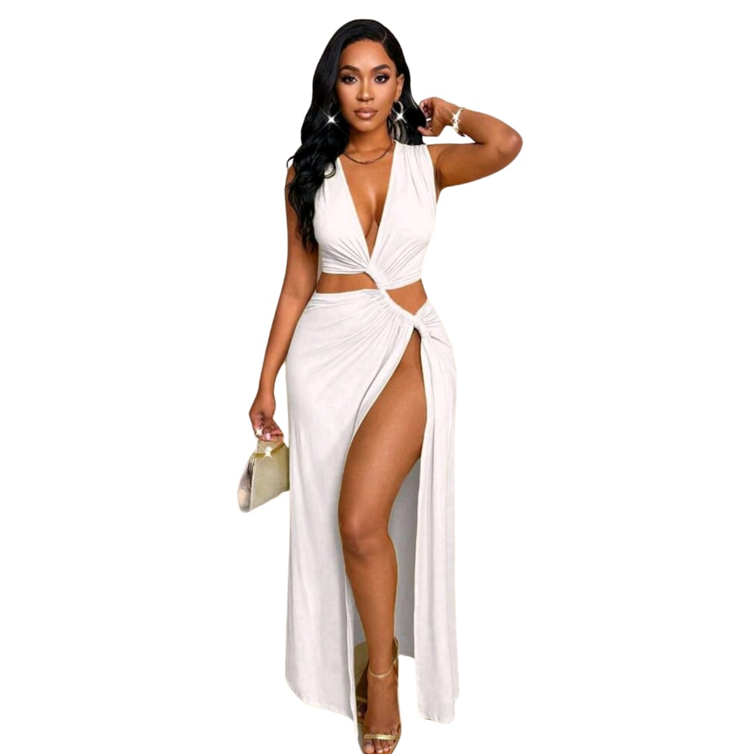 Hollow V-Neck High Slit Dress