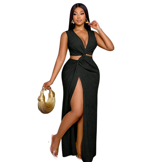 Waist Hollow Twist High Slit Sexy Dress