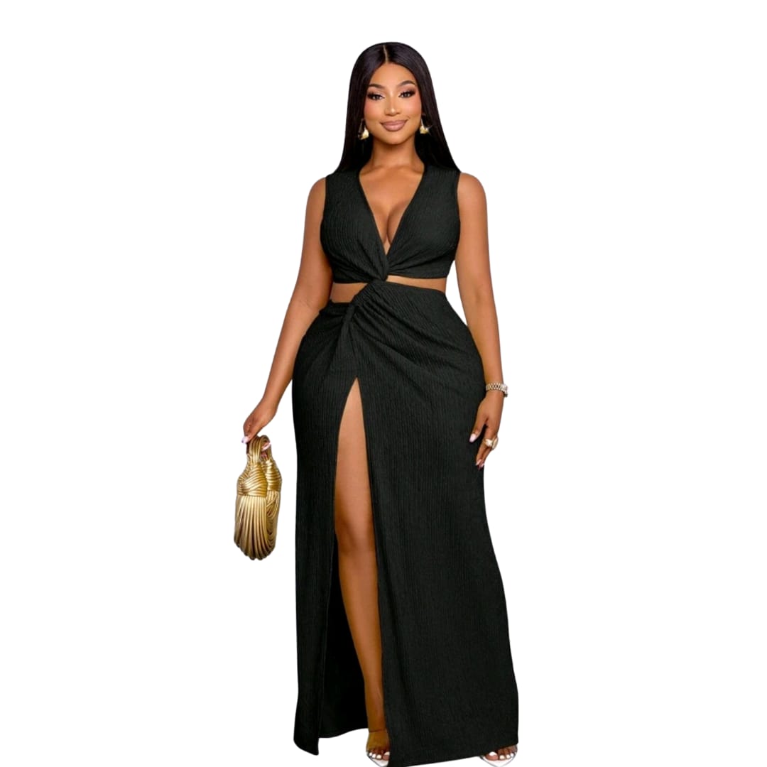 Waist Hollow Twist High Slit Sexy Dress