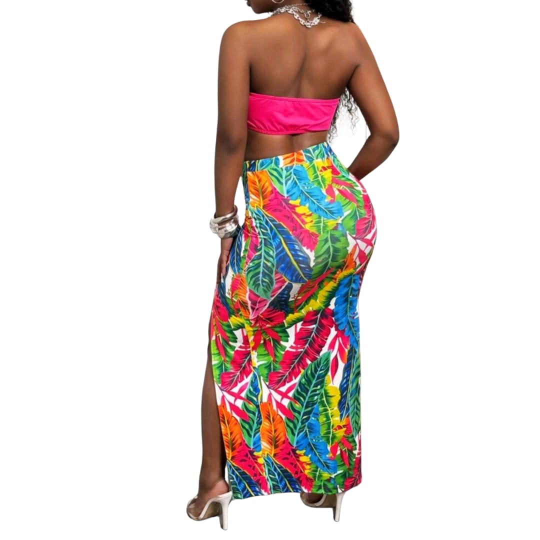 2 Piece High Slit Leaf Print Skirt Set