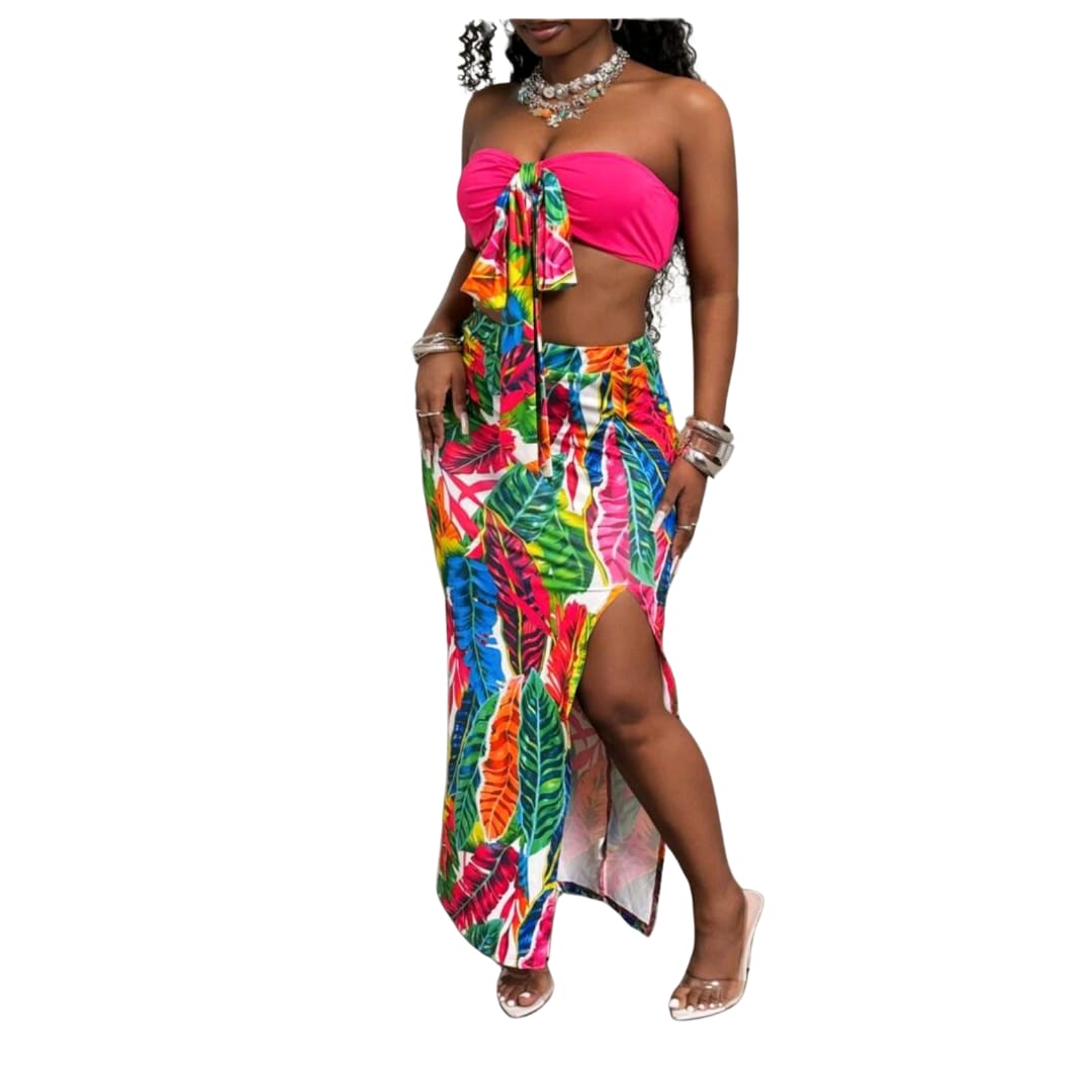 2 Piece High Slit Leaf Print Skirt Set