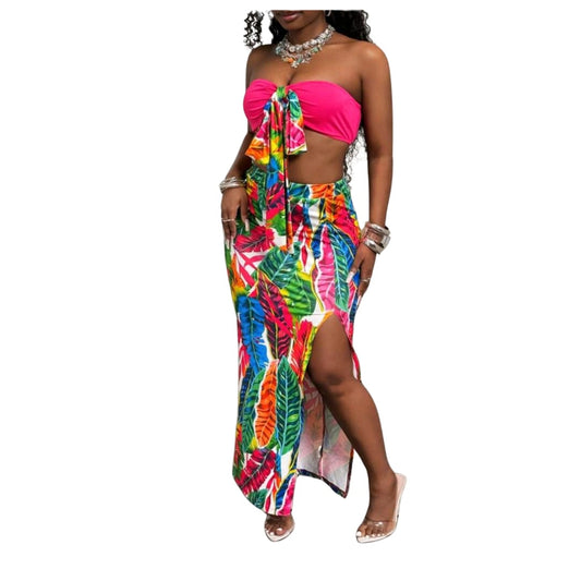 2 Piece High Slit Leaf Print Skirt Set