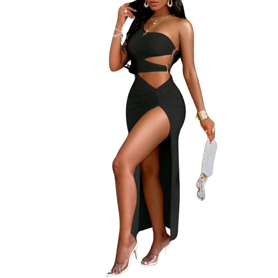 One Shoulder Cut Out Waist with Front Slit Bodycon Dress