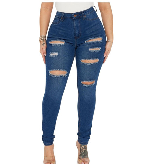 Plus Size Ripped Style Jeans- Dark Wash Blue