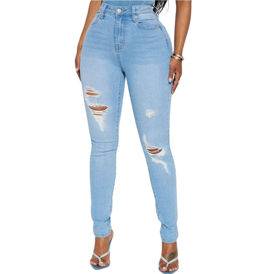 Plus Size Ripped High Rise Stretch Skinny Jeans- Light Wash Blue